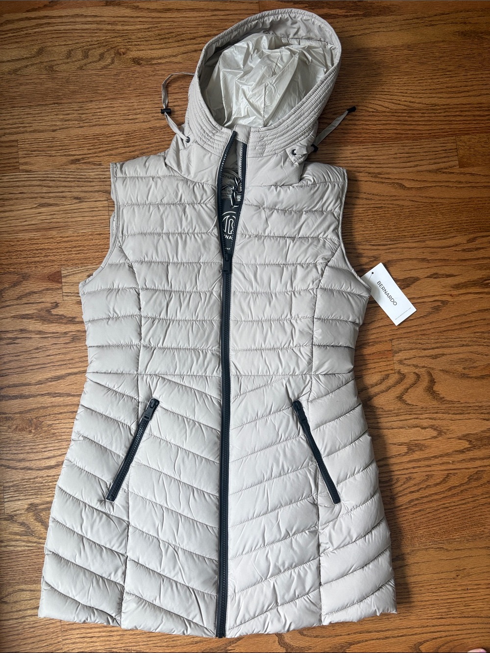 Bernardo Light Beige Quilted Hooded Puffer Vest with Contrasting Zippers